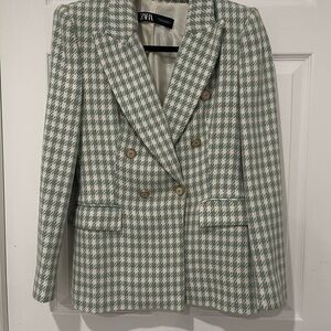 Zara Mint Houndstooth Double-Breasted Blazer